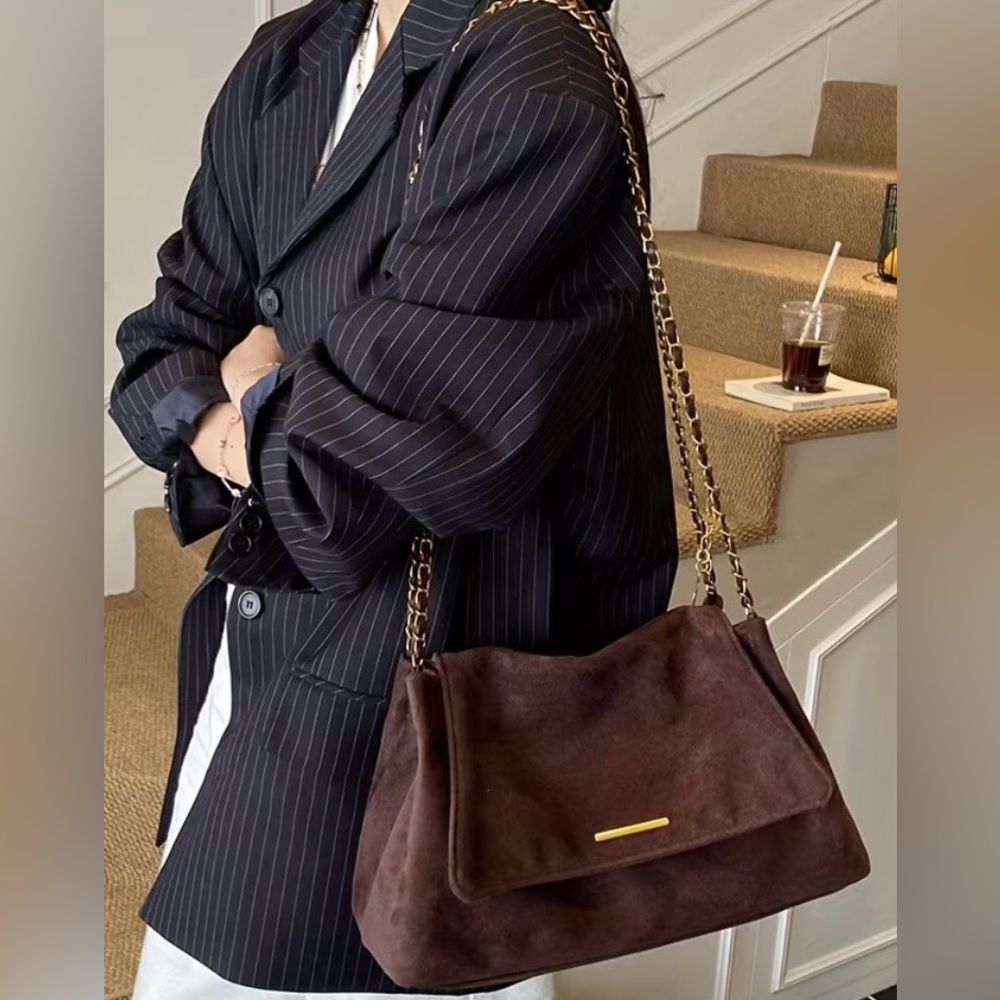 Luxurious Dark Brown Suede Shoulder Bag with Chain Straps